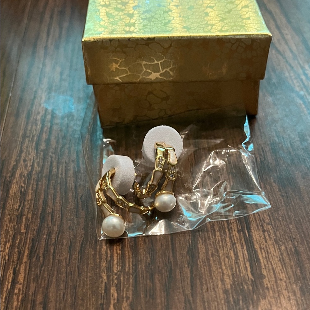 Gold and Pearl Hoop Earrings with mother of pearl these are gold plate pierced